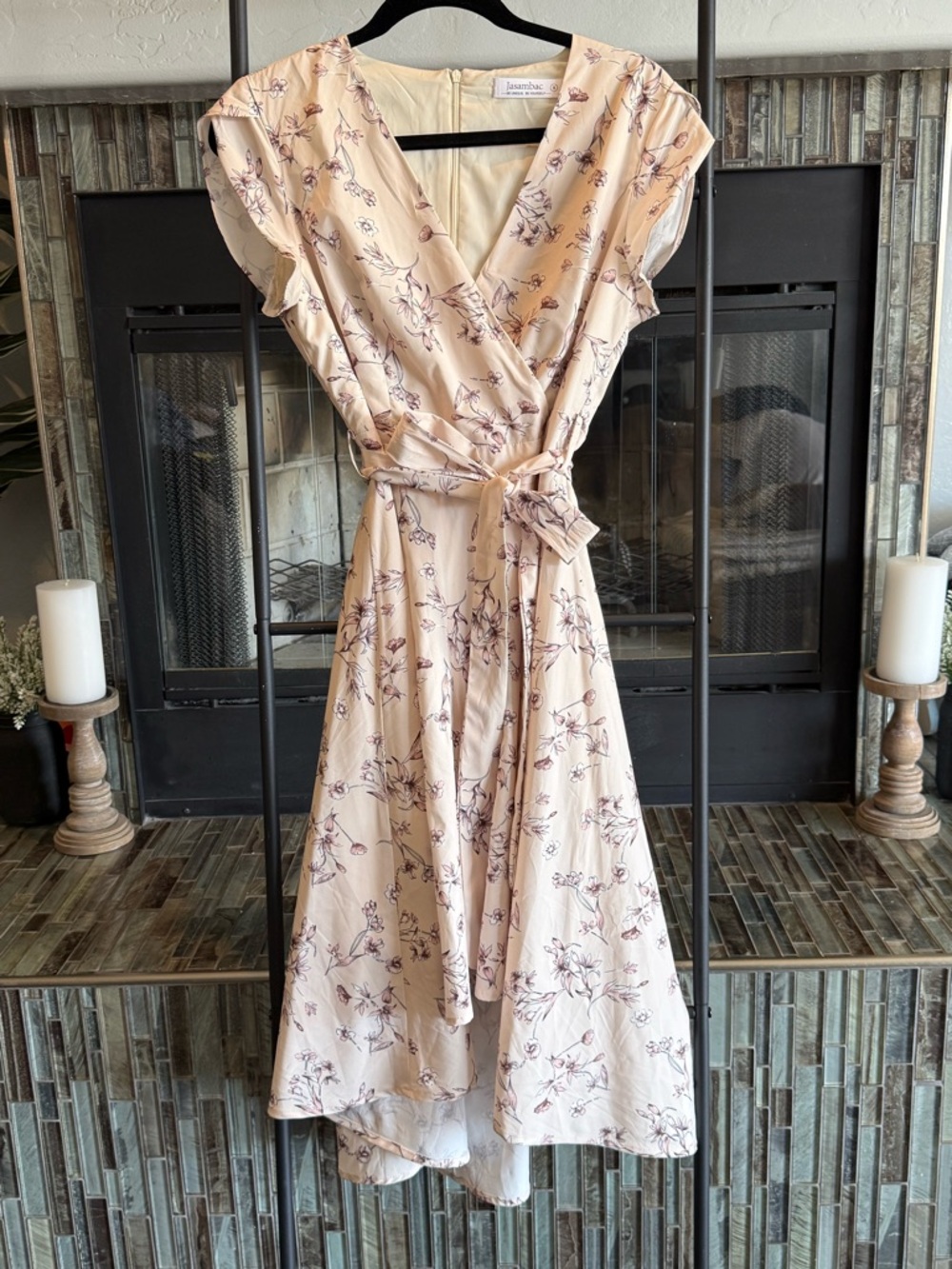 Cream Floral High-Low Midi Dress With Belt
